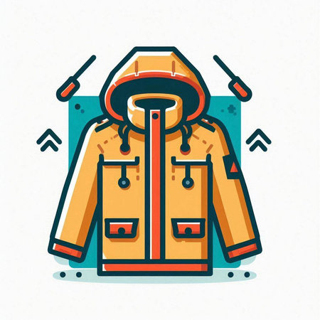 Vector illustration of yellow winter jacket with hood. Flat line art style design.のイラスト素材