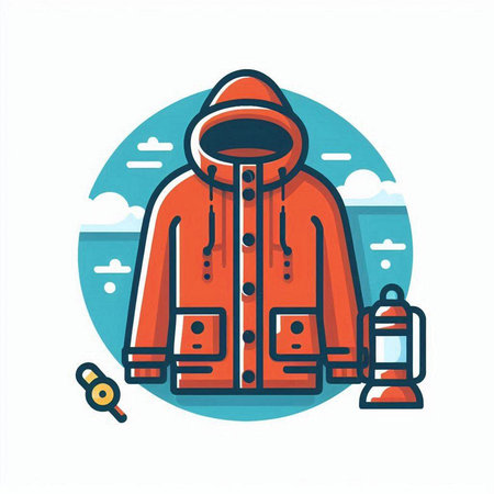 Winter jacket with hood and camping equipment. Flat style vector illustration.のイラスト素材