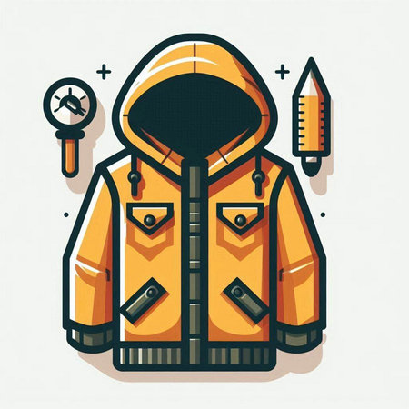 Yellow winter jacket with a hood and a thermometer. Vector illustration.のイラスト素材