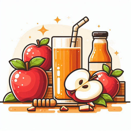 Apple juice in a bottle and a glass of apple juice. Vector illustration.のイラスト素材