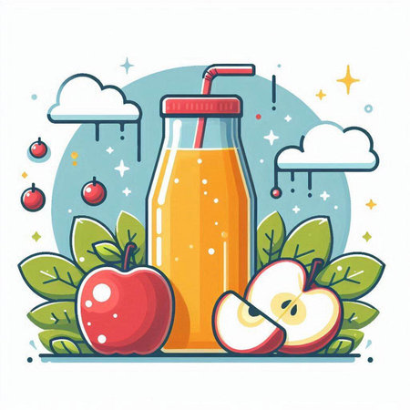Apple juice in a bottle with a straw and apples. Vector illustration.のイラスト素材
