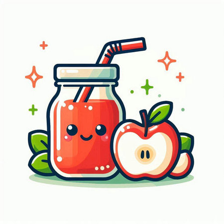 smoothie kawaii character with apple and straw vector illustrationのイラスト素材