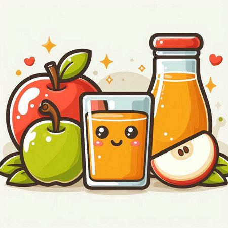 Apple juice in a glass with apple fruit character cartoon vector illustration.のイラスト素材