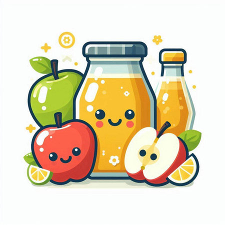 Fruit juice in a jar. Cute cartoon character. Vector illustrationのイラスト素材