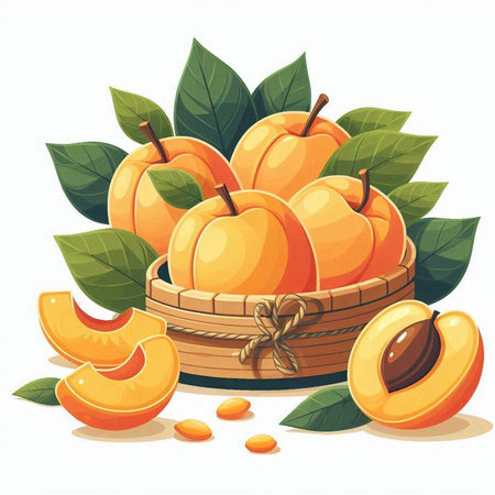 Apricot fruits in a basket with leaves. Vector illustration.のイラスト素材