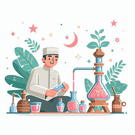 Vector illustration of Muslim man in traditional clothing sitting at the table and praying.のイラスト素材