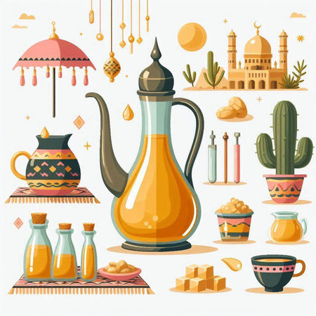 Vector illustration of traditional indian food and drink set in flat styleのイラスト素材