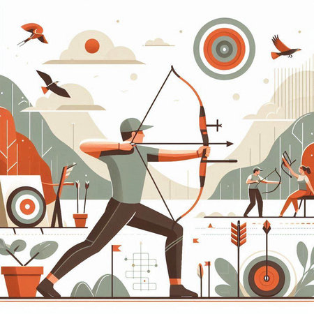 Archery sport, archery competition vector illustration. Man aiming at target with bow and arrow.のイラスト素材