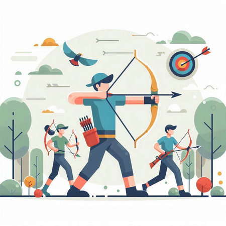 Archery sport vector illustration. Cartoon archery player with bow and arrow shooting at target.のイラスト素材
