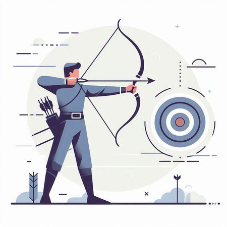 Archery man with bow and arrow aiming at target. Vector flat illustrationのイラスト素材