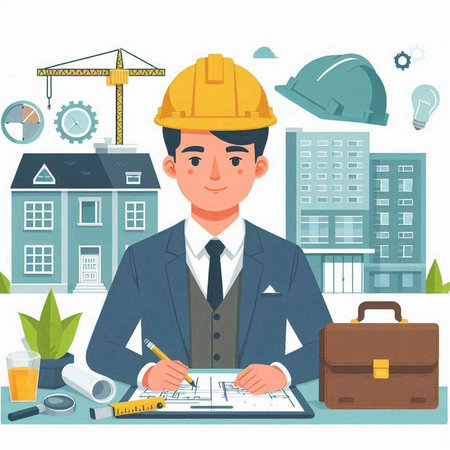 Architect in a helmet and a building on the background. Vector illustrationのイラスト素材