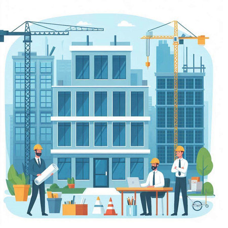 Architects and engineers working on construction site. Vector flat illustrationのイラスト素材