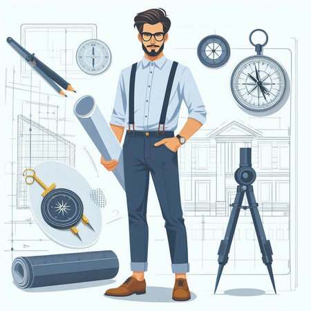 Vector illustration of architect with compass, map, compass, compass and other elements.のイラスト素材