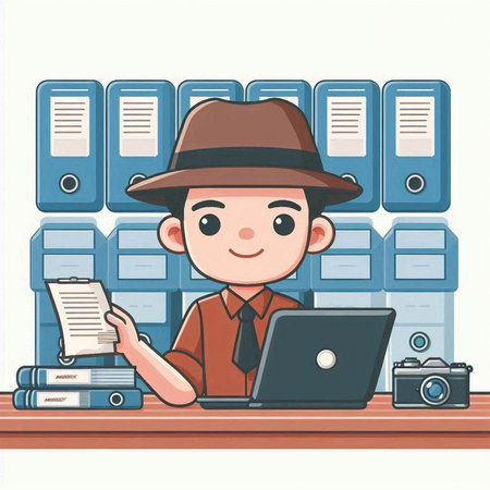 Illustration of a detective working in the office with bookshelvesのイラスト素材