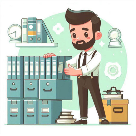 Businessman with documents in office. Vector illustration in cartoon style.のイラスト素材