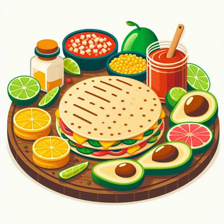 Mexican food. Taco with tortilla, guacamole, avocado, lime, lemon, chili pepper, sauce. Vector illustrationのイラスト素材