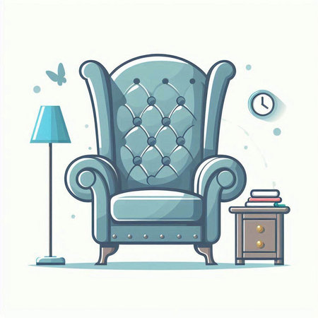 Vector illustration of armchair with lamp and books on white background.のイラスト素材