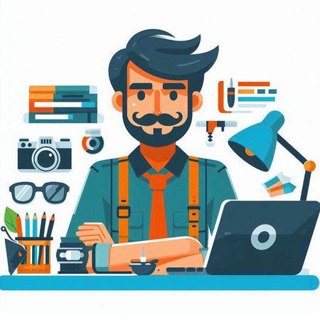 Flat design vector illustration concept of freelance man working in home office.のイラスト素材