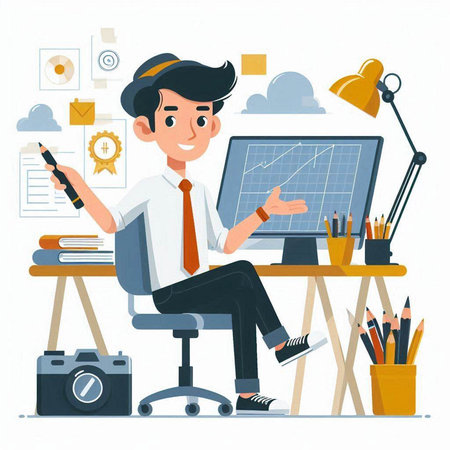 Businessman sitting at the desk and working with computer. Vector illustrationのイラスト素材