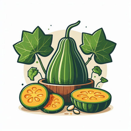 Cucumis melo fruit with leaves. Vector illustration.のイラスト素材