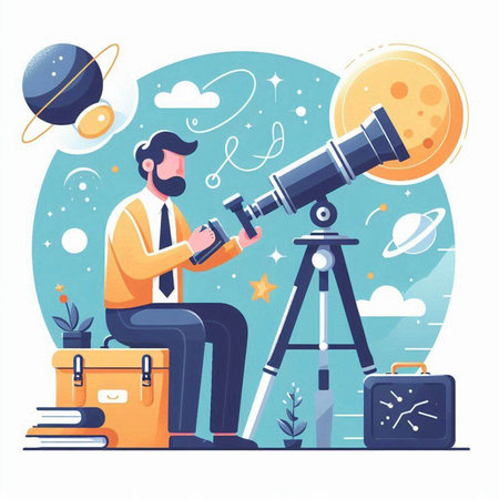 Astronomy concept. Man looking through telescope. Vector illustration in flat styleのイラスト素材