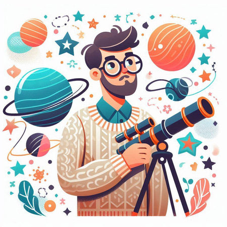 Astronaut with telescope. Vector illustration in flat cartoon style.のイラスト素材