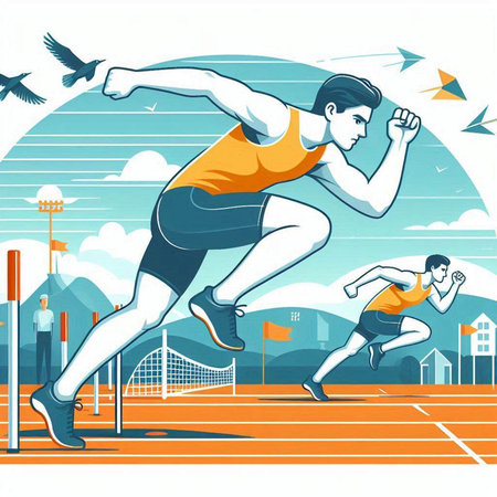 Athlete running on stadium track, vector illustration. Athlete sprinter.のイラスト素材