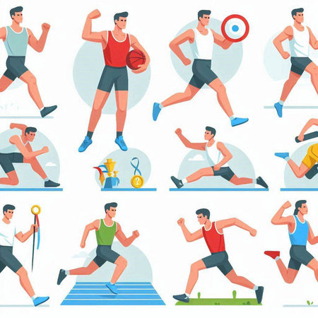 Athletic men doing exercises. Flat style vector illustration.のイラスト素材