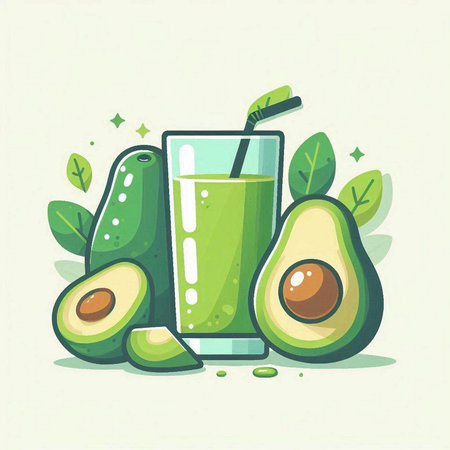 Avocado juice in a glass and fresh avocados. Vector illustration.のイラスト素材