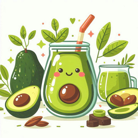 Avocado smoothie in a jar and ingredients. Vector illustration.のイラスト素材