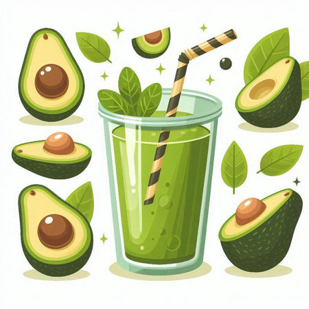 Avocado smoothie in a glass with a straw. Vector illustration.のイラスト素材