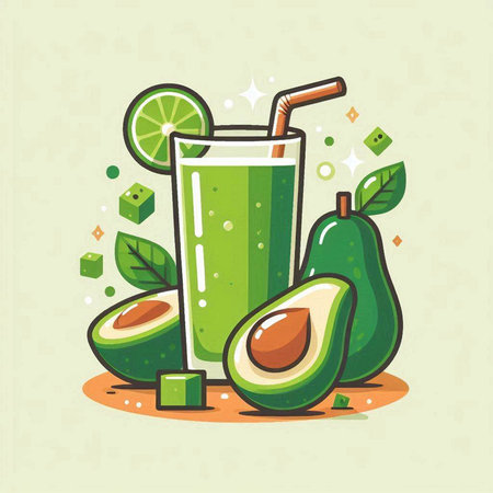 Avocado smoothie in a glass with a straw. Vector illustration.のイラスト素材