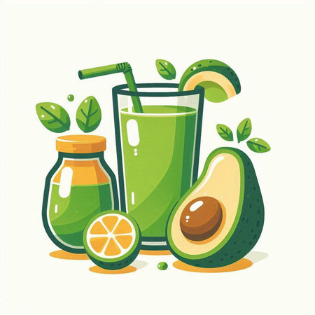 Avocado smoothie in a glass and ingredients, vector illustration.のイラスト素材