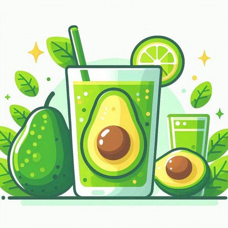Avocado smoothie in a glass with lime and leaves. Vector illustration.のイラスト素材