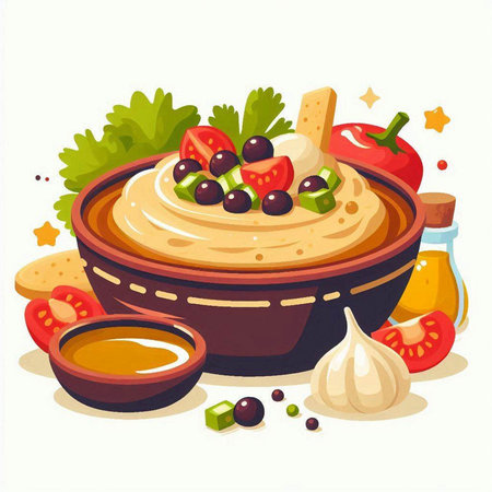 Bowl of hummus with vegetables and olive oil. Vector illustration.のイラスト素材