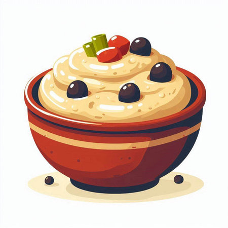 Illustration of a bowl of oatmeal with cherries and olivesのイラスト素材