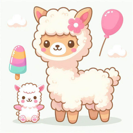 Cute cartoon alpaca with ice cream and lama.のイラスト素材
