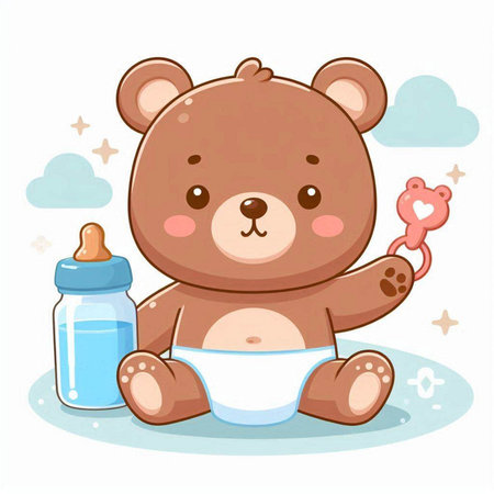 Cute teddy bear with baby bottle and pacifier. Vector illustration.のイラスト素材