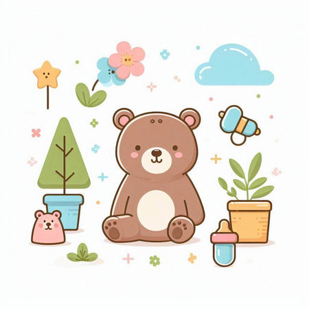 Cute teddy bear with flowers and plants. Vector illustration.のイラスト素材