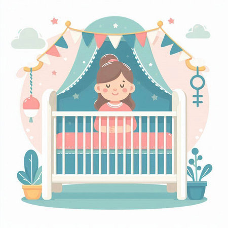 Cute baby girl in a crib. Vector illustration in cartoon style.のイラスト素材