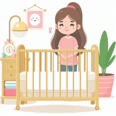 Illustration of a Cute Little Girl Inside a Baby Bedroomのイラスト素材