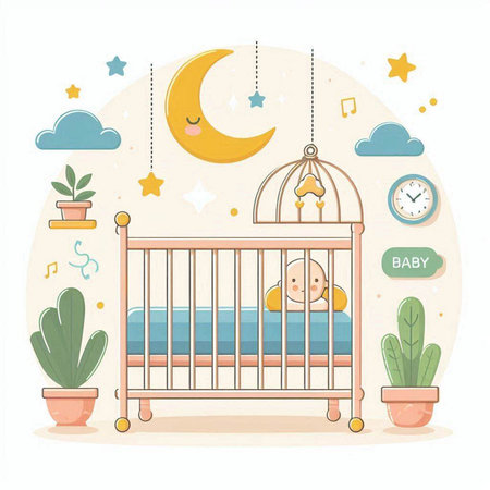 Cute baby sleeping in the crib. Vector illustration in flat styleのイラスト素材