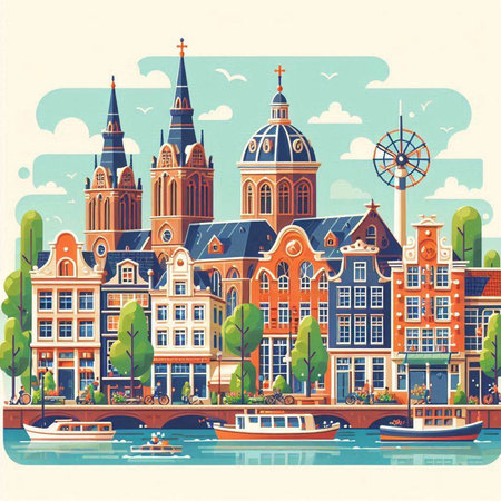 Cityscape of Amsterdam. Colorful vector illustration in retro style.のイラスト素材