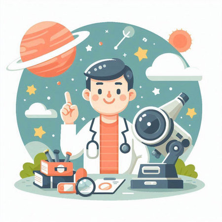 Vector illustration of cartoon scientist with microscope and planets in the sky.のイラスト素材