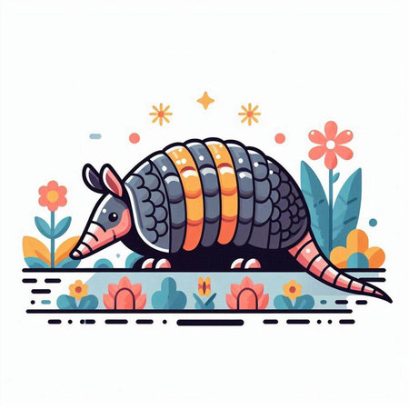 Cute cartoon armadillo in flower garden. Vector illustration.のイラスト素材