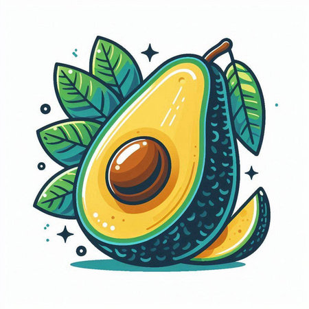 Avocado fruit with leaves isolated on white background. Vector illustration.のイラスト素材