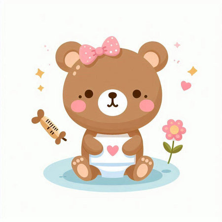 Cute teddy bear with heart and flower. Vector illustration.のイラスト素材
