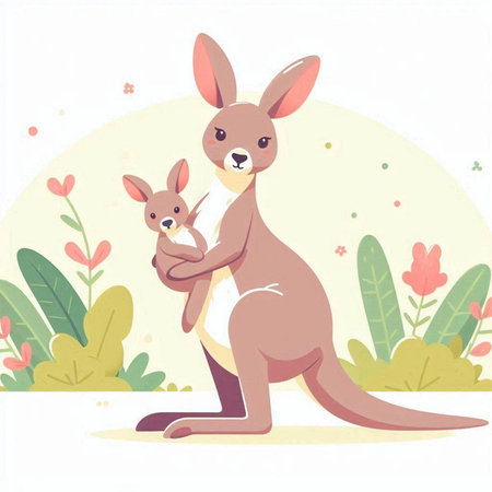 Kangaroo with baby. Vector illustration in flat cartoon style.のイラスト素材