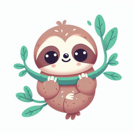Cute cartoon sloth character with green leaves. Vector illustration.のイラスト素材