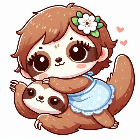 Cute sloth girl with her cute baby. Vector illustration.のイラスト素材